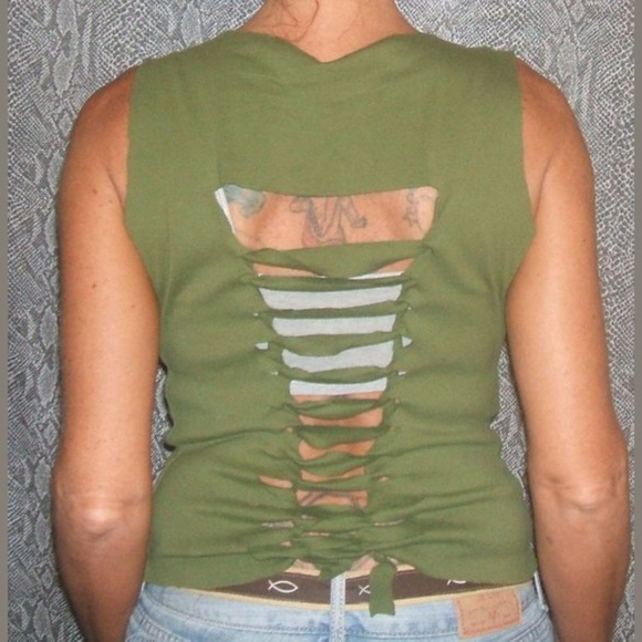 Hand-Painted Floral Peace Sign Shredded Halter Corset Top – Upcycled Green Tee - Picture 3 of 4